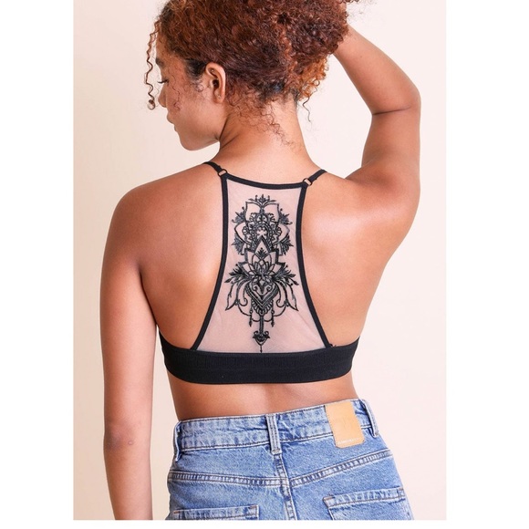 Boho Chic Tattoo Illusion Ribbed Deep V Bralette Bra Crop Yoga Bitch NWT - Picture 11 of 16